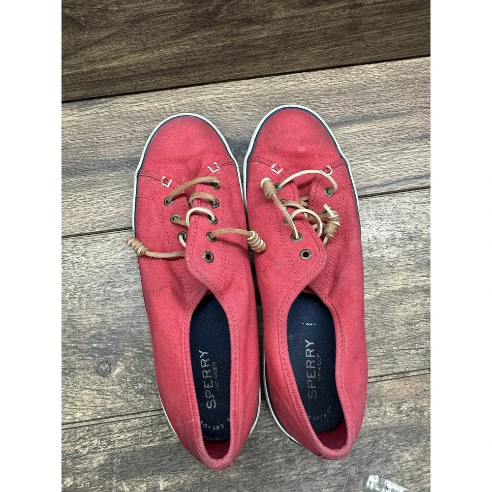 Womens Sperry Top-Sider Classic‎ Red Canvas Leather Laces Boat Shoes Flats Sz 10
